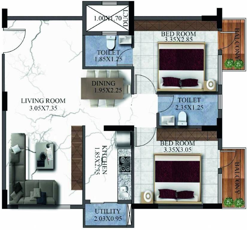 Floor plan of 2 BHK 1187 Sq. Ft. Apartment in Sovereign Unnathi, Bangalore