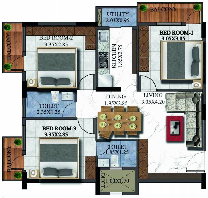Floor plan of 3 BHK 1522 Sq. Ft. Apartment in Sovereign Unnathi, Bangalore