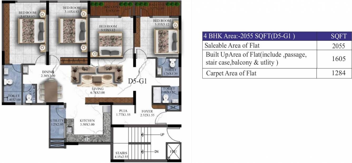 Floor plan of 4 BHK 2055 Sq. Ft. Apartment in Sovereign Unnathi, Bangalore
