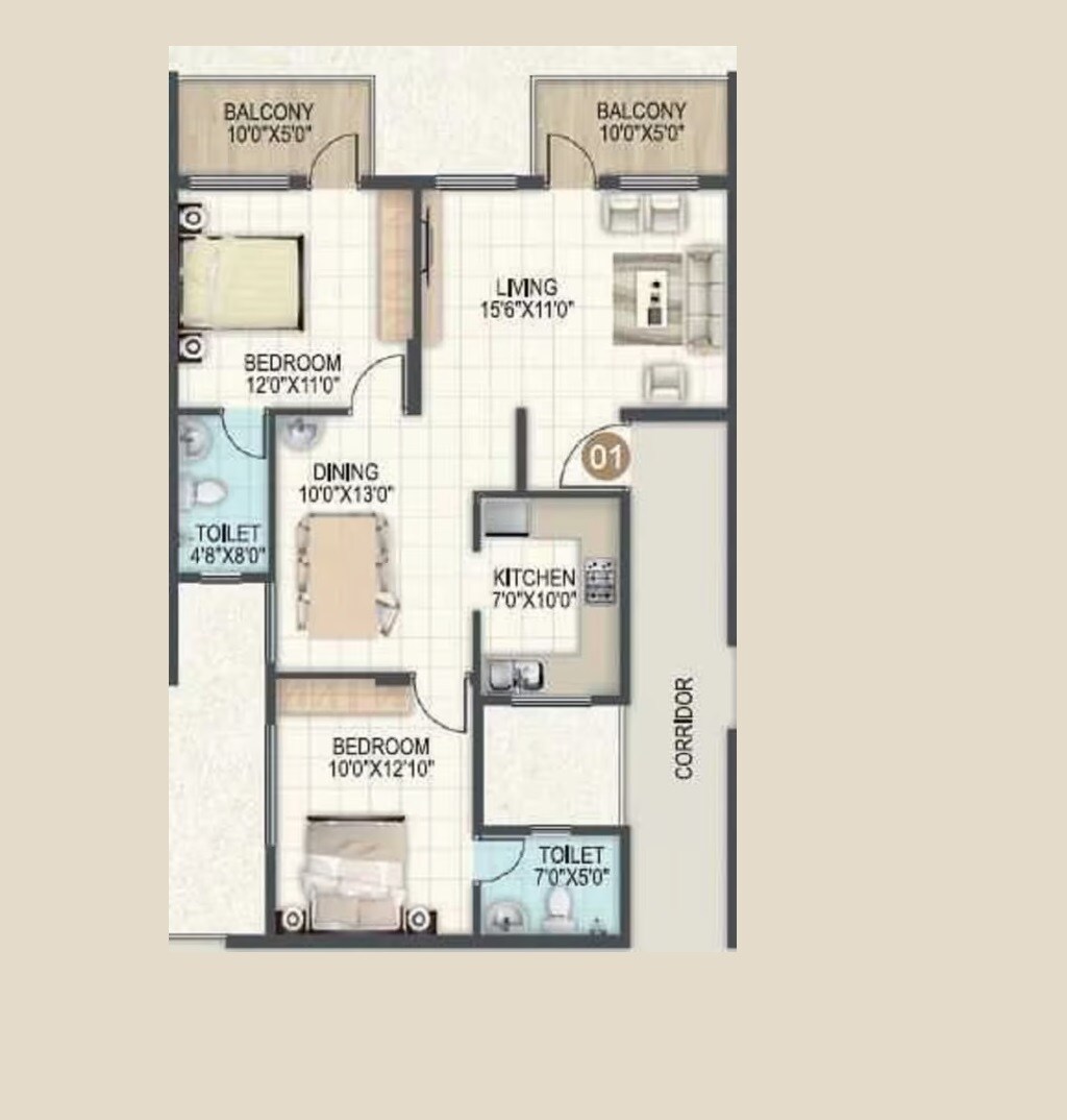 Floor plan of 2 BHK 1075 Sq. Ft. Apartment in Sowmya Shailam, Bangalore