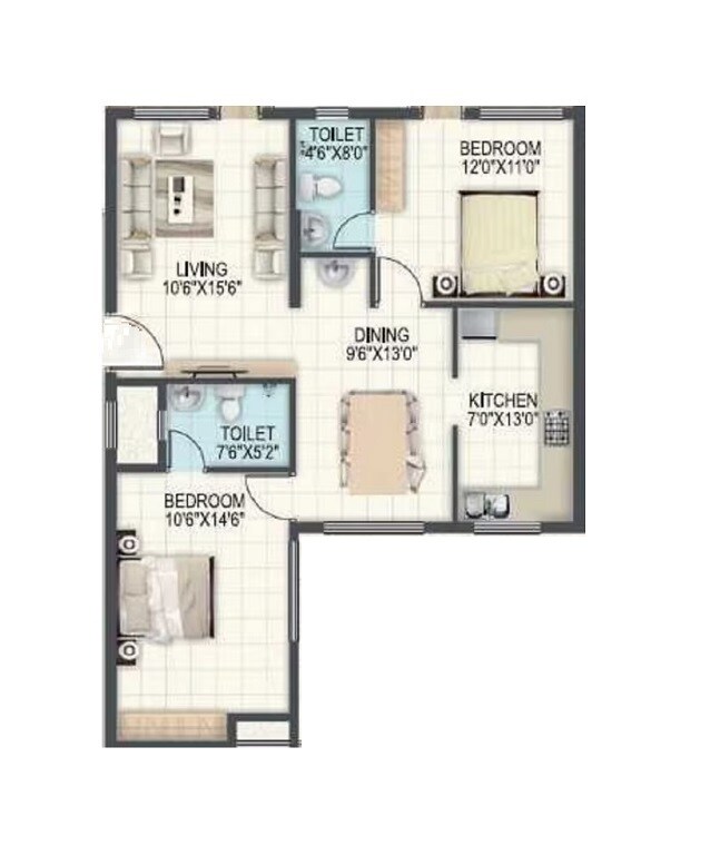 Floor plan of 2 BHK 1185 Sq. Ft. Apartment in Sowmya Shailam, Bangalore