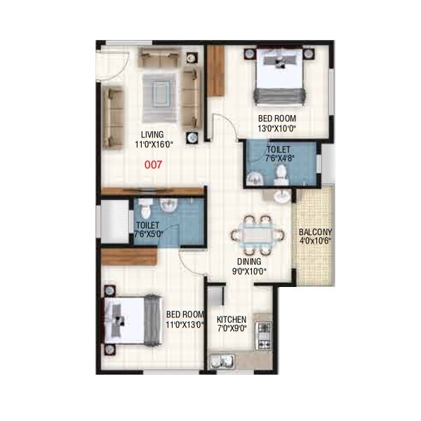 Floor plan of 2 BHK 1005 Sq. Ft. Apartment in Sowmya Skyla, Bangalore