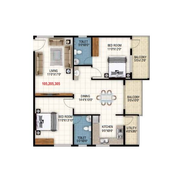 Floor plan of 2 BHK 1260 Sq. Ft. Apartment in Sowmya Skyla, Bangalore