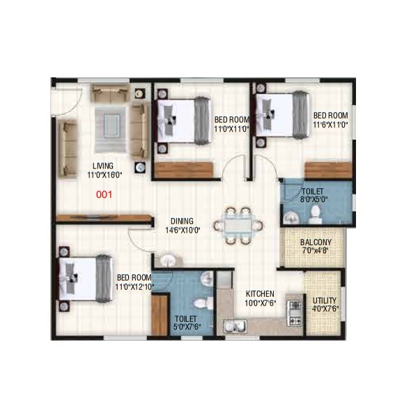 Floor plan of 3 BHK 1275 Sq. Ft. Apartment in Sowmya Skyla, Bangalore