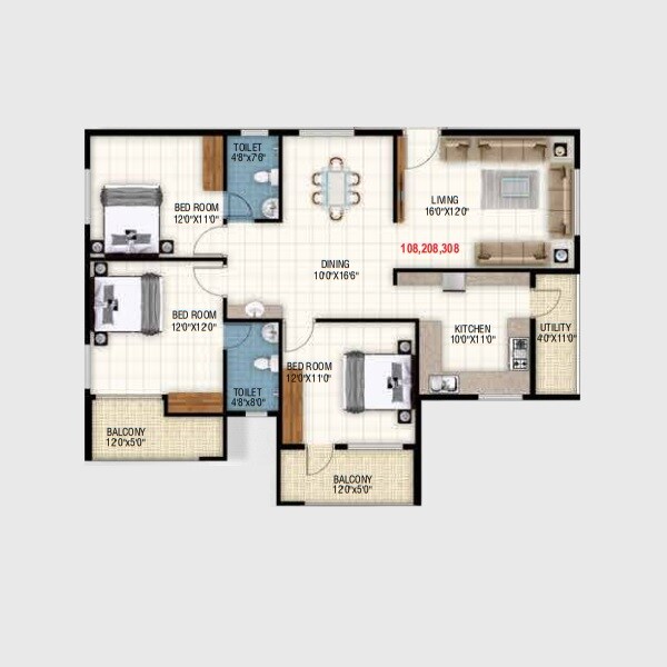 Floor plan of 3 BHK 1570 Sq. Ft. Apartment in Sowmya Skyla, Bangalore