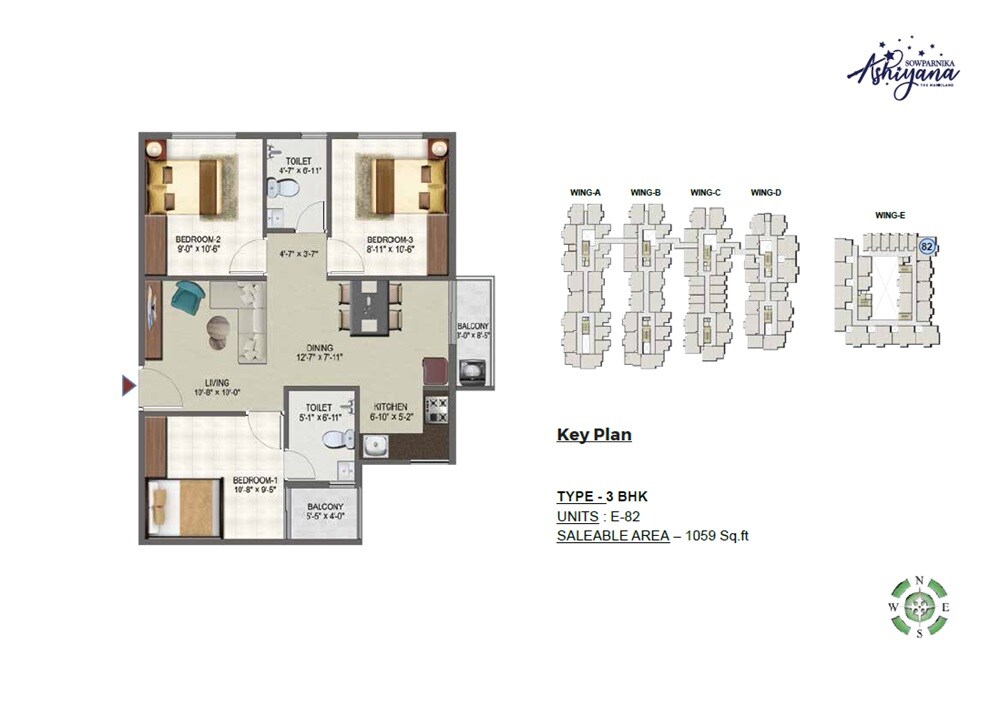 Floor plan of 3 BHK 1059 Sq. Ft. Apartment in Sowparnika Ashiyana, Bangalore