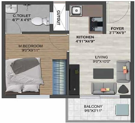 Floor plan of 1 BHK 450 Sq. Ft. Apartment in Sowparnika Flamenco, Bangalore