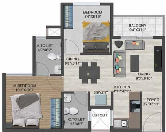 Floor plan of 2 BHK 765 Sq. Ft. Apartment in Sowparnika Flamenco, Bangalore