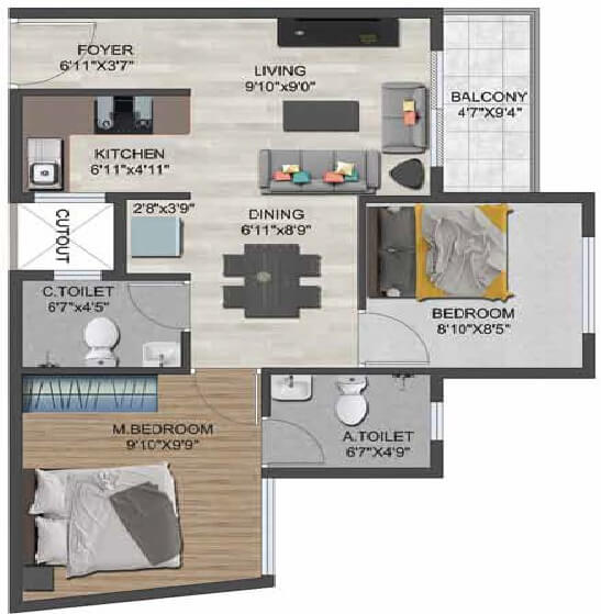 Floor plan of 2 BHK 777 Sq. Ft. Apartment in Sowparnika Flamenco, Bangalore