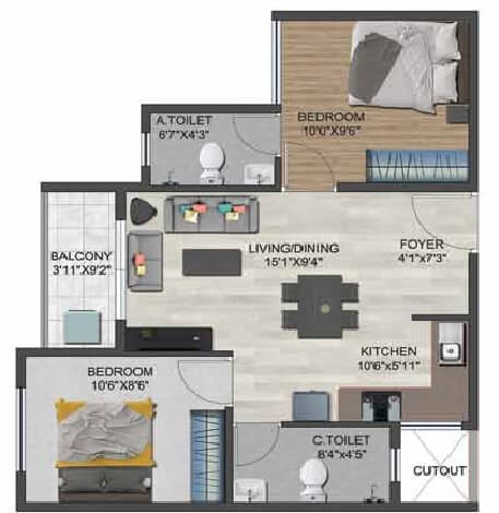 Floor plan of 2 BHK 788 Sq. Ft. Apartment in Sowparnika Flamenco, Bangalore