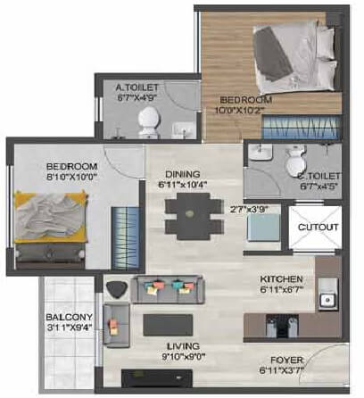 Floor plan of 2 BHK 822 Sq. Ft. Apartment in Sowparnika Flamenco, Bangalore
