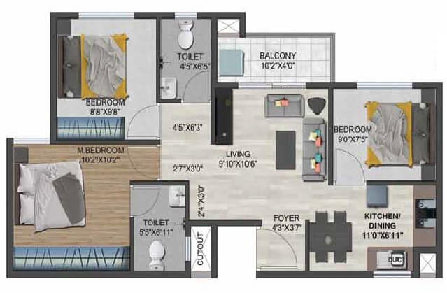 Floor plan of 3 BHK 907 Sq. Ft. Apartment in Sowparnika Flamenco, Bangalore