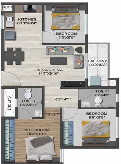 Floor plan of 3 BHK 922 Sq. Ft. Apartment in Sowparnika Flamenco, Bangalore