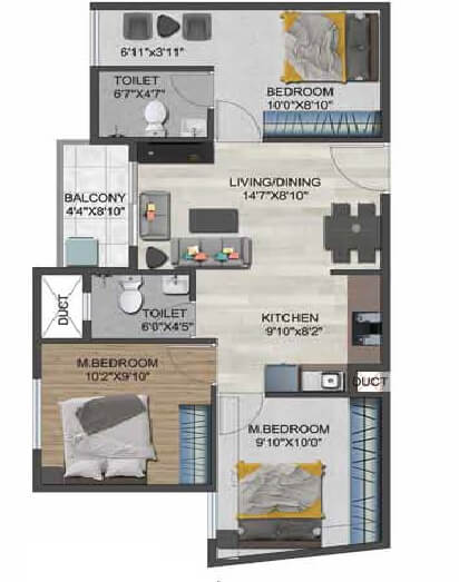 Floor plan of 3 BHK 977 Sq. Ft. Apartment in Sowparnika Flamenco, Bangalore