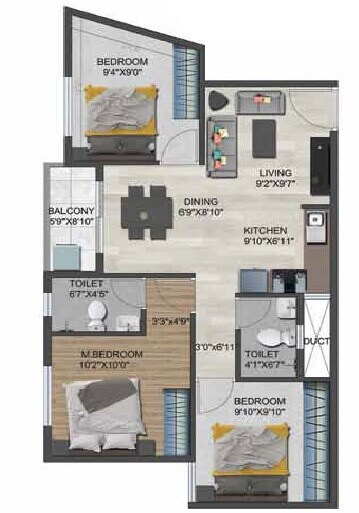 Floor plan of 3 BHK 996 Sq. Ft. Apartment in Sowparnika Flamenco, Bangalore