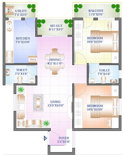 Floor plan of 2 BHK 1017 Sq. Ft. Apartment in Sowparnika Purple Rose, Bangalore