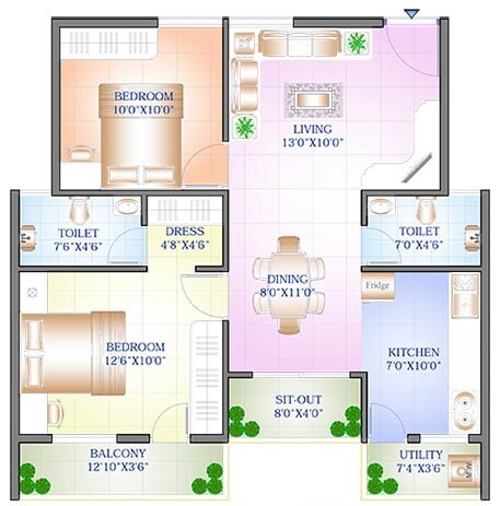 Floor plan of 2 BHK 1023 Sq. Ft. Apartment in Sowparnika Purple Rose, Bangalore