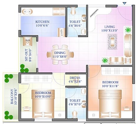 Floor plan of 2 BHK 929 Sq. Ft. Apartment in Sowparnika Purple Rose, Bangalore