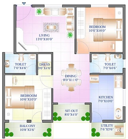 Floor plan of 2 BHK 973 Sq. Ft. Apartment in Sowparnika Purple Rose, Bangalore