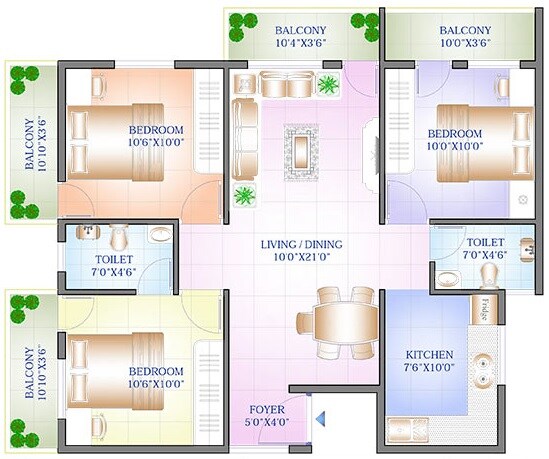 Floor plan of 3 BHK 1204 Sq. Ft. Apartment in Sowparnika Purple Rose, Bangalore