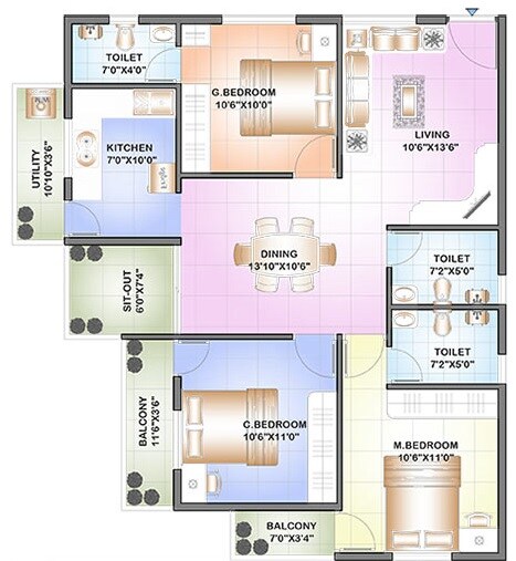 Floor plan of 3 BHK 1365 Sq. Ft. Apartment in Sowparnika Purple Rose, Bangalore