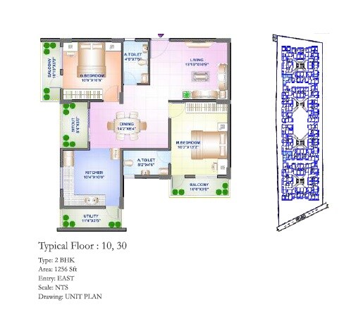 Floor plan of 2 BHK 1256 Sq. Ft. Apartment in Sowparnika Sanvi Phase II, Bangalore