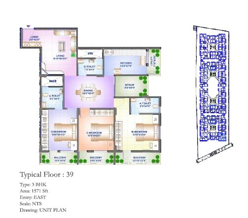 Floor plan of 3 BHK 1571 Sq. Ft. Apartment in Sowparnika Sanvi Phase II, Bangalore