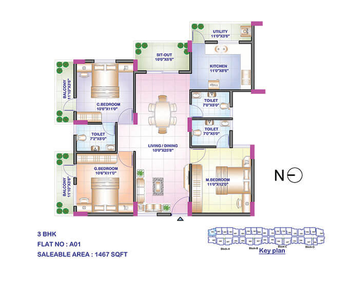 3 BHK 1467 Sq. Ft. Apartment