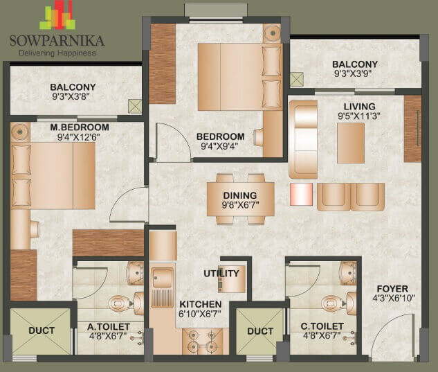 Floor plan of 2 BHK 952 Sq. Ft. Apartment in Sowparnika Tharangini, Bangalore