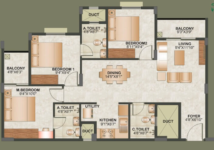 Floor plan of 3 BHK 1249 Sq. Ft. Apartment in Sowparnika Tharangini, Bangalore