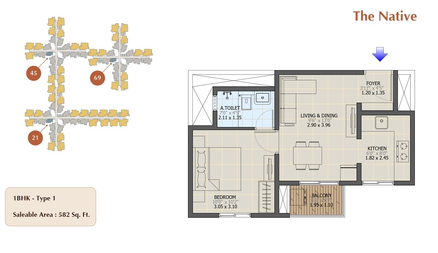 Floor plan of 1 BHK 582 Sq. Ft. Apartment in Sowparnika The Native, Bangalore