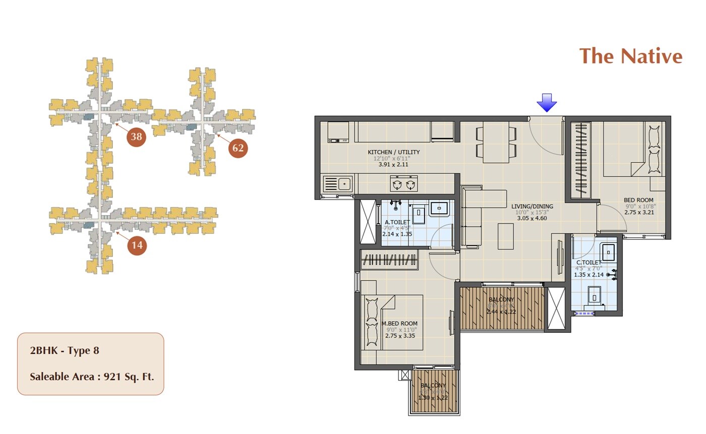Floor plan of 2 BHK 921 Sq. Ft. Apartment in Sowparnika The Native, Bangalore