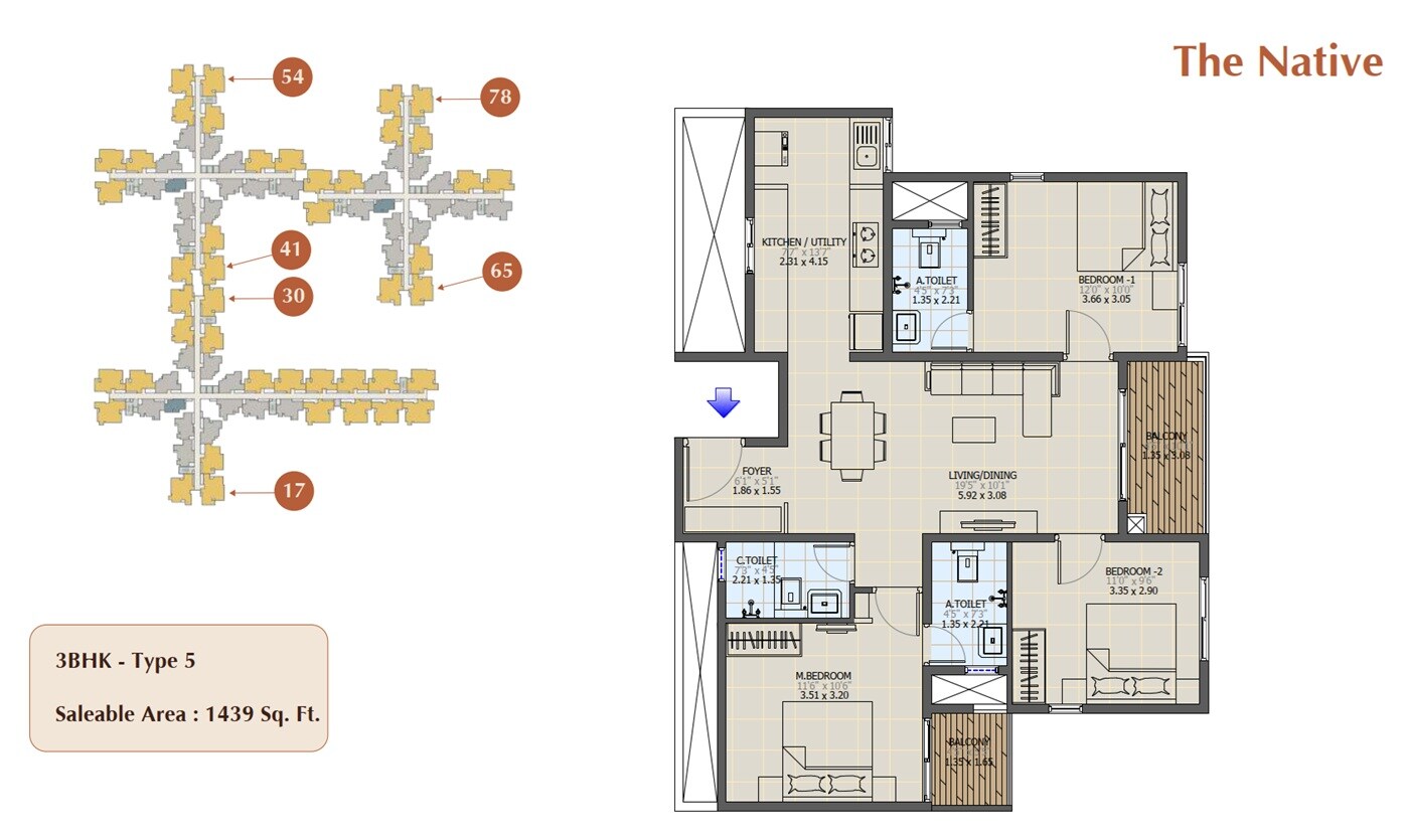 Floor plan of 3 BHK 1439 Sq. Ft. Apartment in Sowparnika The Native, Bangalore