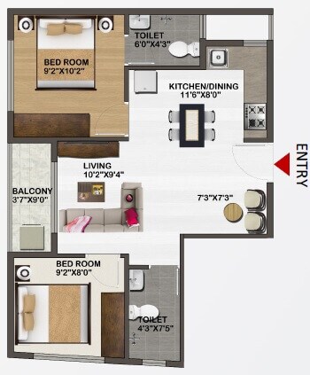 2 BHK 765 Sq. Ft. Apartment
