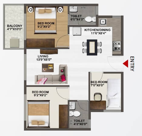 3 BHK 858 Sq. Ft. Apartment