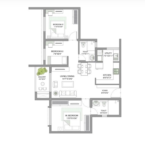 Floor plan of 2 BHK 1145 Sq. Ft. Apartment in Sparkle Atmos, Bangalore