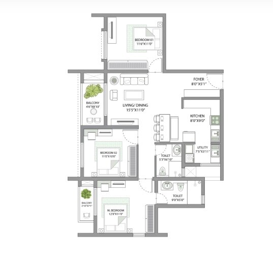 Floor plan of 3 BHK 1350 Sq. Ft. Apartment in Sparkle Atmos, Bangalore