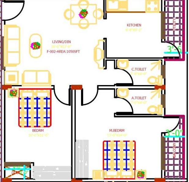 Floor plan of 2 BHK 1050 Sq. Ft. Apartment in Spatika Anjanadri Enclave, Bangalore