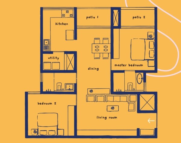 Floor plan of 2 BHK 1233 Sq. Ft. Apartment in Speckles Patio, Bangalore