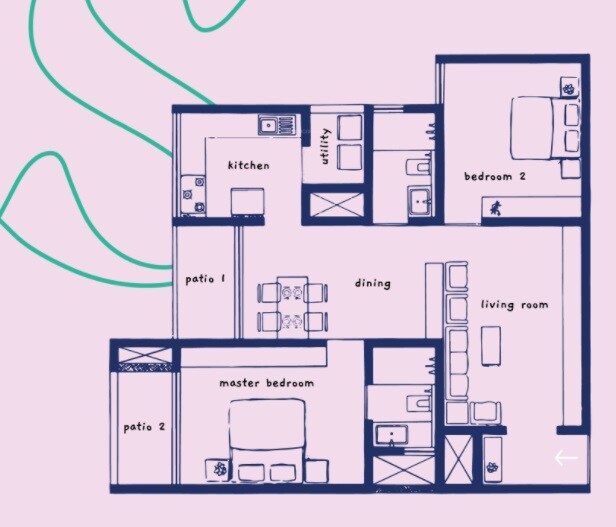 Floor plan of 2 BHK 1256 Sq. Ft. Apartment in Speckles Patio, Bangalore
