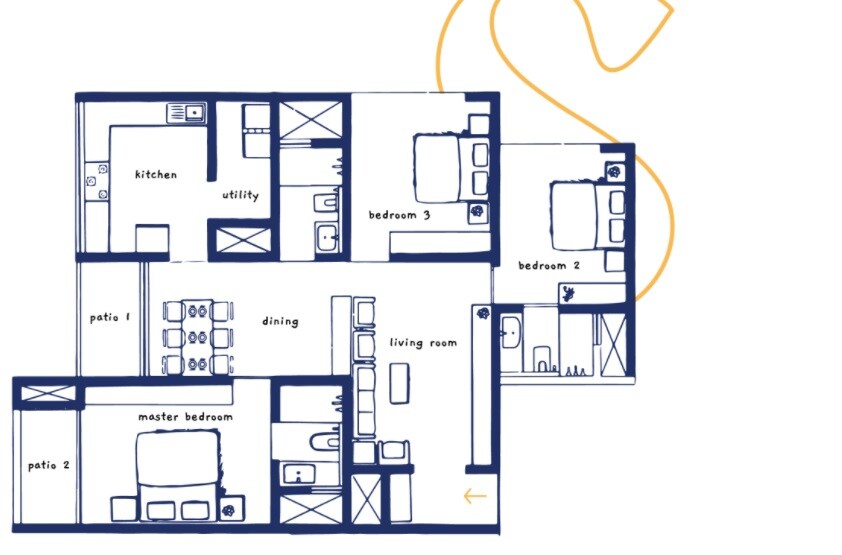 Floor plan of 3 BHK 1556 Sq. Ft. Apartment in Speckles Patio, Bangalore
