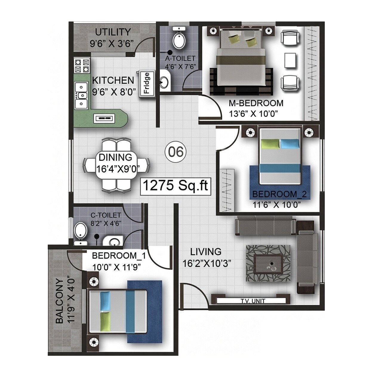 Floor plan of 3 BHK 1275 Sq. Ft. Apartment in Splendid Eternity, Bangalore