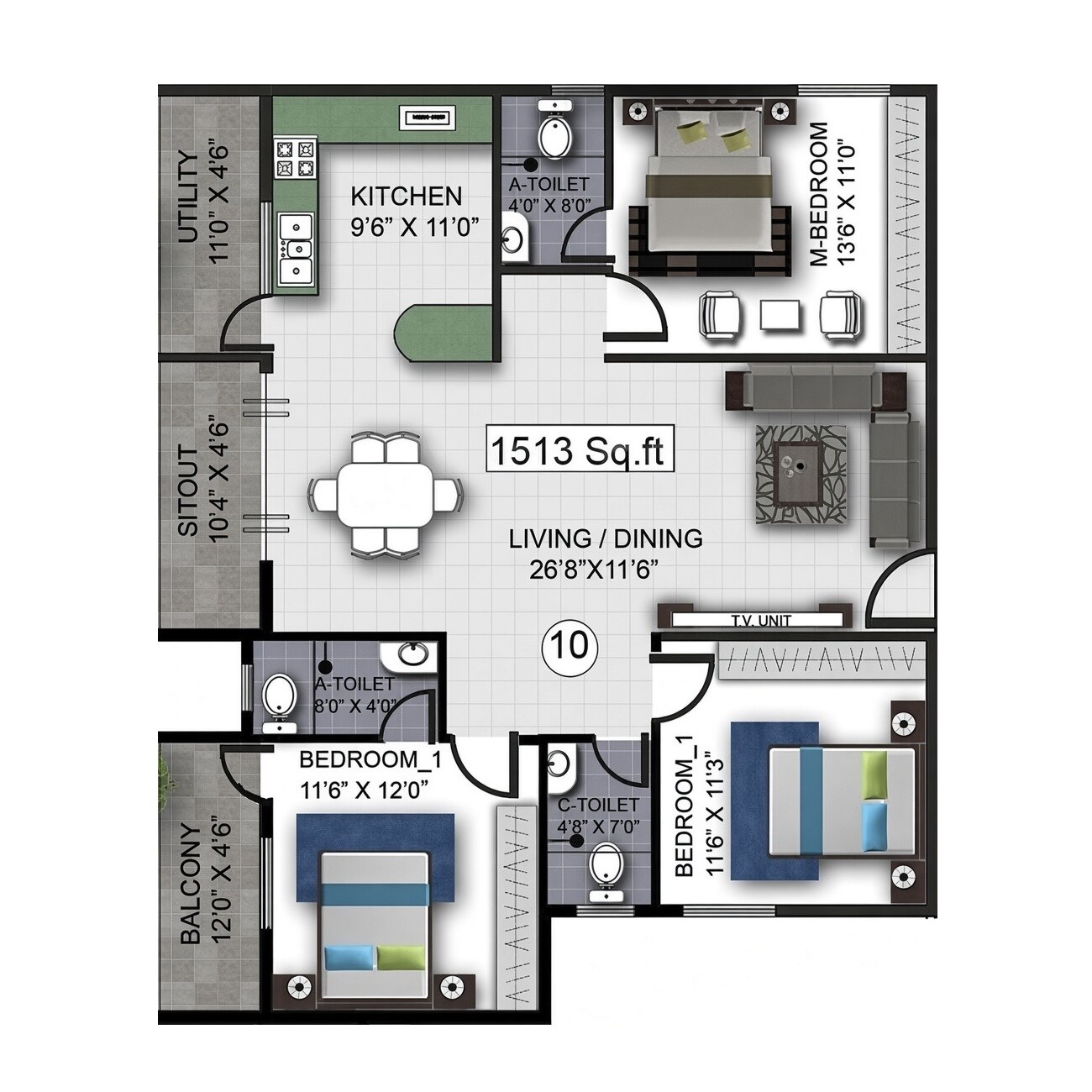 3 BHK 1513 Sq. Ft. Apartment