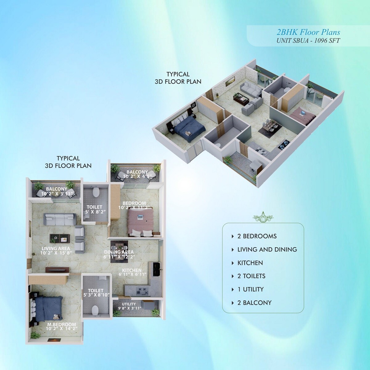Floor plan of 2 BHK 1096 Sq. Ft. Apartment in Splendid Lake Breez, Bangalore