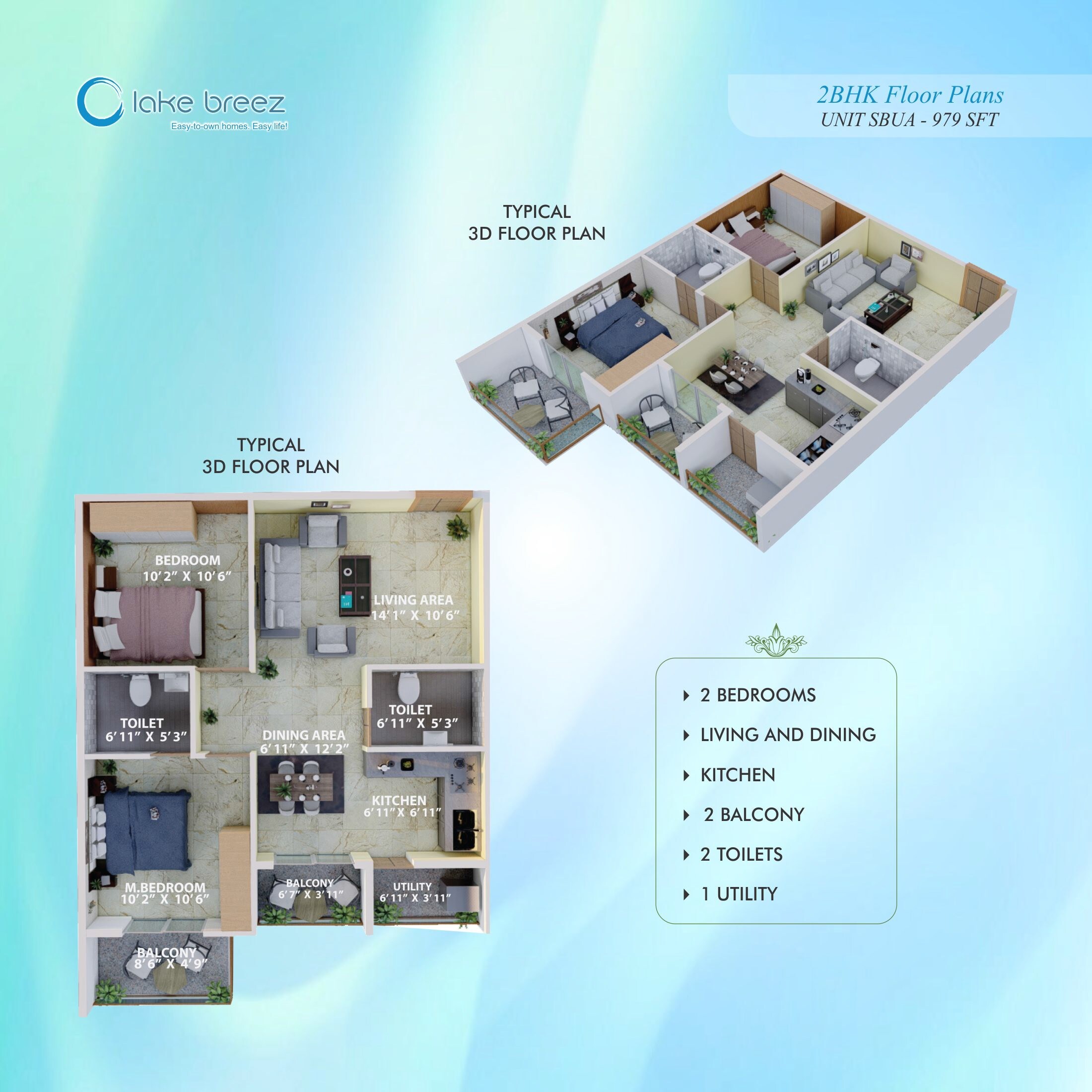 Floor plan of 2 BHK 979 Sq. Ft. Apartment in Splendid Lake Breez, Bangalore