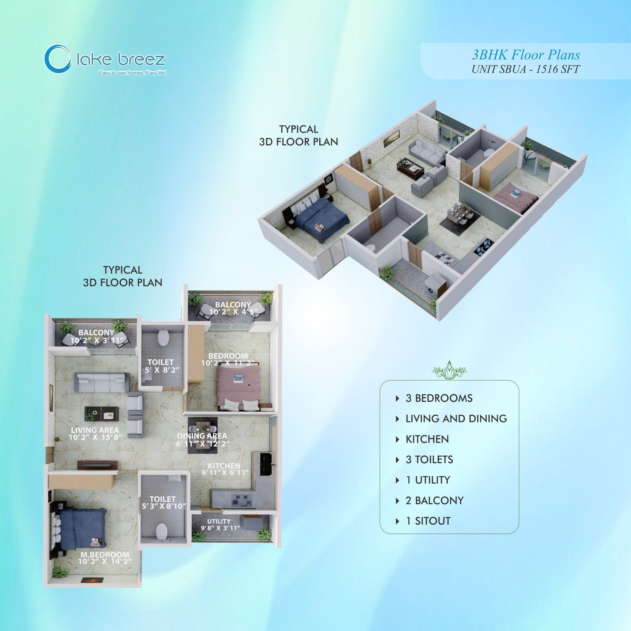 Floor plan of 3 BHK 1516 Sq. Ft. Apartment in Splendid Lake Breez, Bangalore