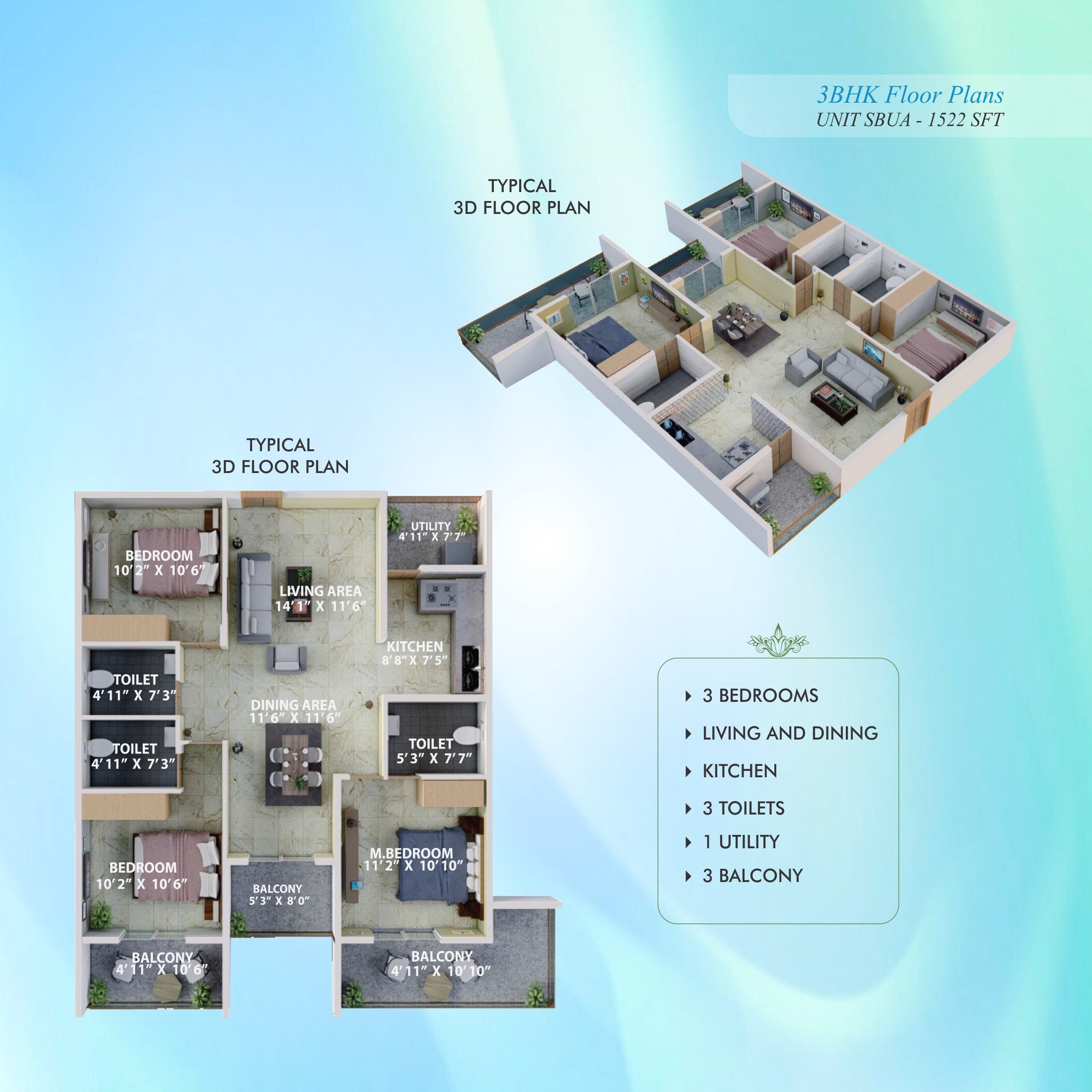 Floor plan of 3 BHK 1522 Sq. Ft. Apartment in Splendid Lake Breez, Bangalore