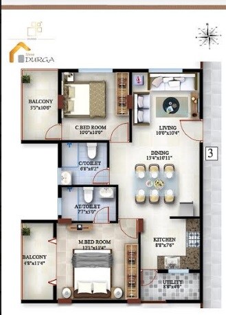Floor plan of 2 BHK 1295 Sq. Ft. Apartment in Splendid Sree Durga, Bangalore