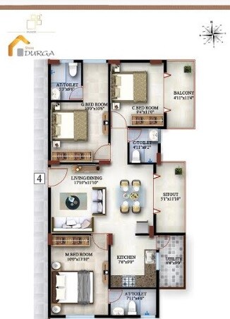 Floor plan of 3 BHK 1316 Sq. Ft. Apartment in Splendid Sree Durga, Bangalore