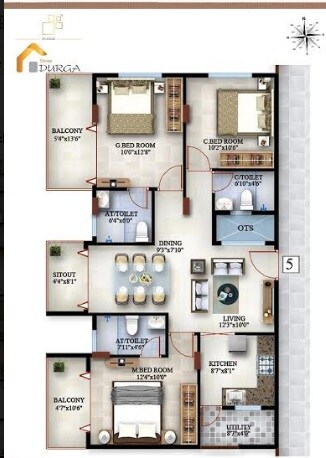 Floor plan of 3 BHK 1662 Sq. Ft. Apartment in Splendid Sree Durga, Bangalore